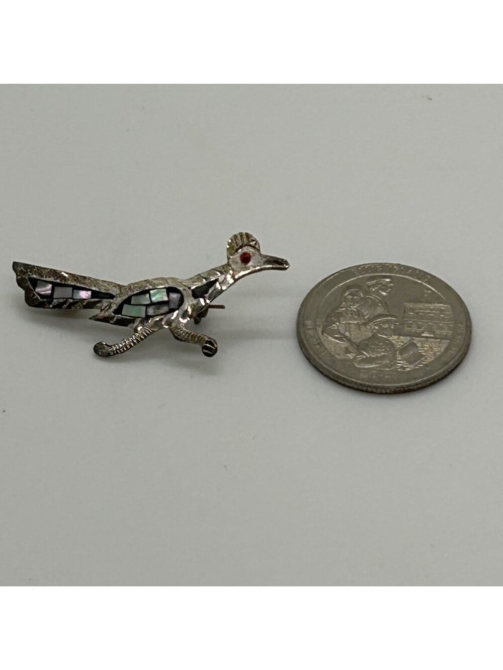 Vintage Heco En Mexico Sterling Silver 925 Abalone Shell Roadrunner Bird Brooch - Picture 6 of 12